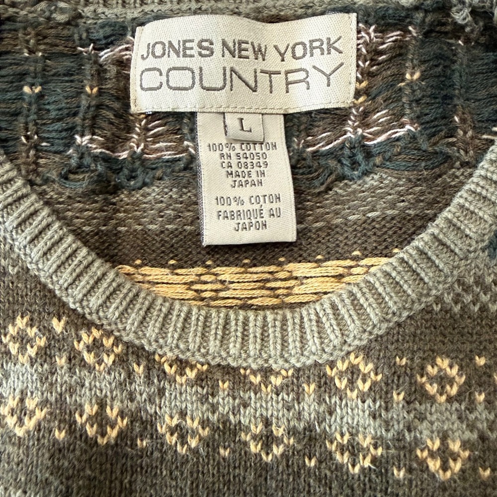 Jones New York Country 90s Fair Isle Sweater Vest Cotton Green Brown Mens Large - Picture 3 of 8
